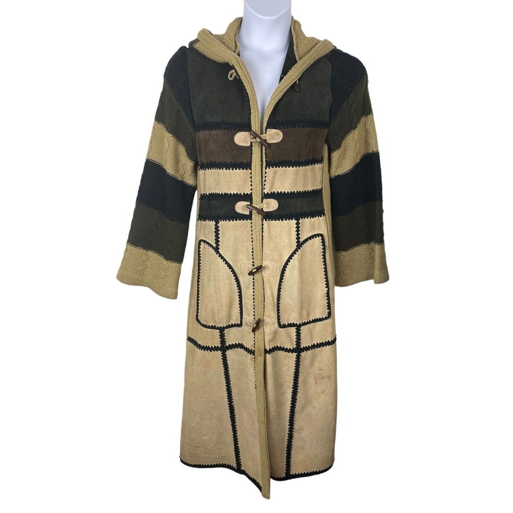VTG Leather Bug Medium Long Patchwork Suede Leather Jacket Hooded Boho Brown
